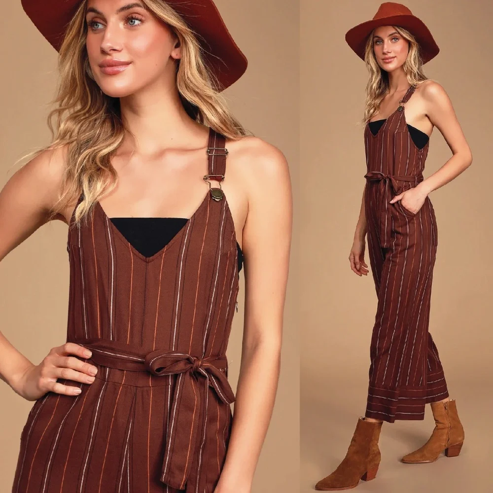 BILLABONG Bella Day Burgundy Multi Striped Culotte Jumpsuit Overalls Size Large